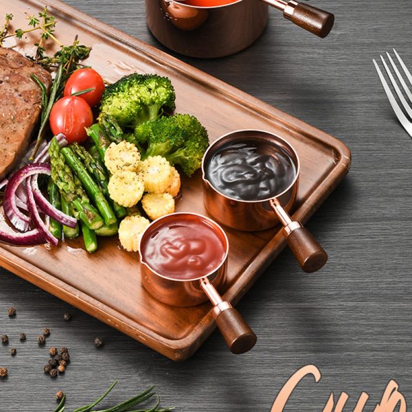 304 Stainless Steel wood short Handled Sauce Pot  Rose Gold Seasoning Bowl  Sauce Cup Sauce Dish for Restaurant ,4 Size 60mL,80mL,125mL，250mL - 图片 3