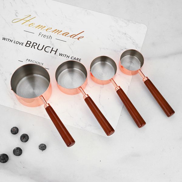 Measuring Cup with Wooden Long Handle, 1/4 1/3 1/2 1/1 Cup ,Stainless Steel 304,Rose Gold,Coffee Scoop, Tablespoon Scooper for Coffee Beans - 图片 5