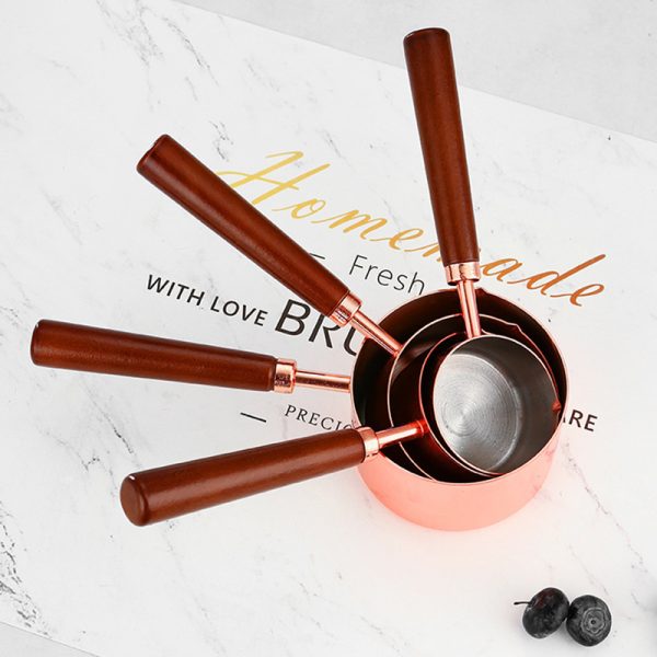 Measuring Cup with Wooden Long Handle, 1/4 1/3 1/2 1/1 Cup ,Stainless Steel 304,Rose Gold,Coffee Scoop, Tablespoon Scooper for Coffee Beans - 图片 4