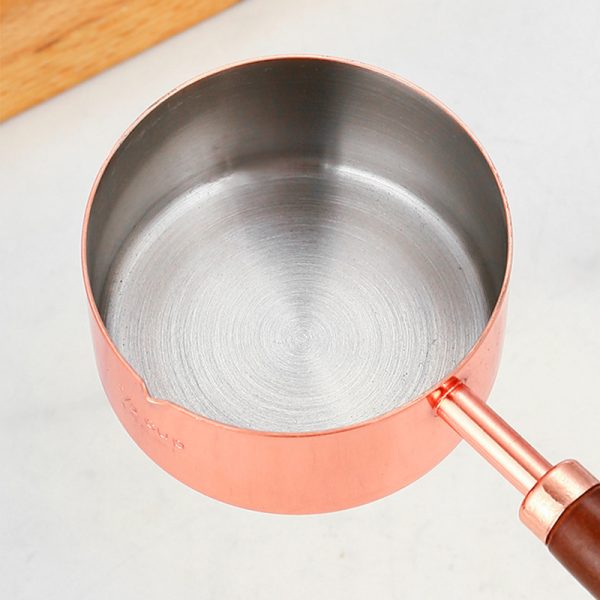Measuring Cup with Wooden Long Handle, 1/4 1/3 1/2 1/1 Cup ,Stainless Steel 304,Rose Gold,Coffee Scoop, Tablespoon Scooper for Coffee Beans - 图片 2