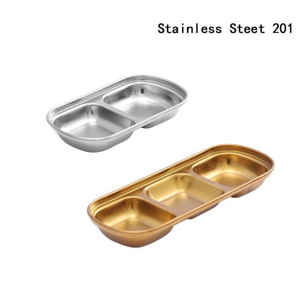 Sauce Dish Stainless Steel 201 Divided Dip Bowls Korean 2 Compartment ，3 Compartment Sauce Plate  Dipping  Tray for  Restaurant