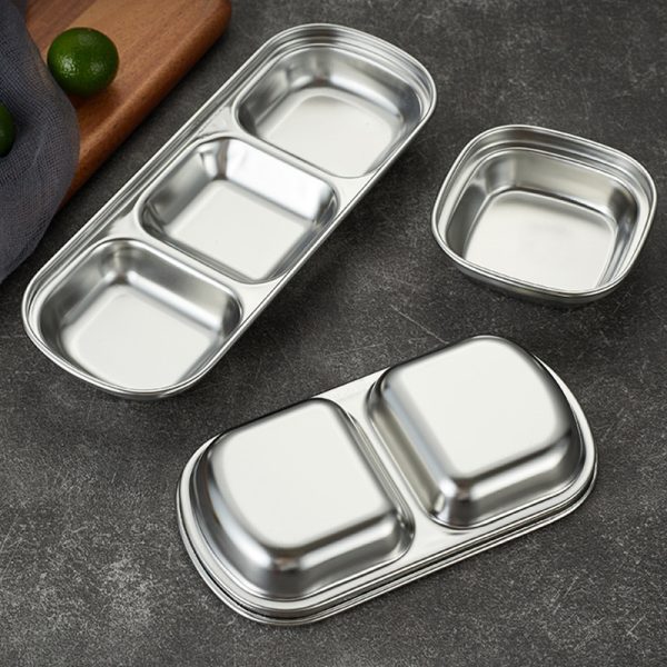 Sauce Dish Stainless Steel 201 Divided Dip Bowls Korean 2 Compartment ，3 Compartment Sauce Plate  Dipping  Tray for  Restaurant - 图片 3