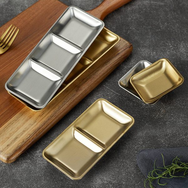 Sauce Dish Stainless Steel 304  Straight Edge 1 Compartment Golden 2 Compartment ，3 Compartment Sauce Plate  Dipping Condiment  for  Restaurant - 图片 2