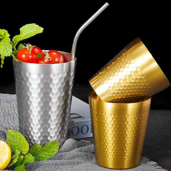 Double Layer Diamond Cup ,Stainless Steel 304 Beer Cup Golden,175mL，260mL,300mL,350mL,450mL, Metal Drinking Glasses  for  Restaurant - 图片 2