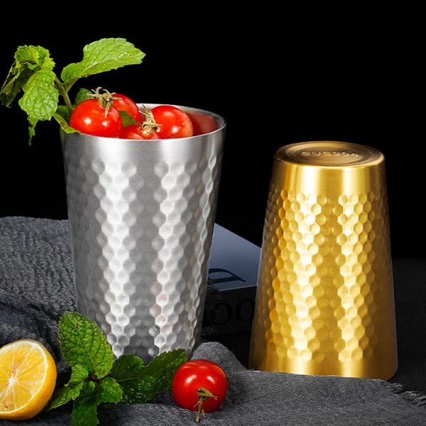 Double Layer Diamond Cup ,Stainless Steel 304 Beer Cup Golden,175mL，260mL,300mL,350mL,450mL, Metal Drinking Glasses  for  Restaurant - 图片 4