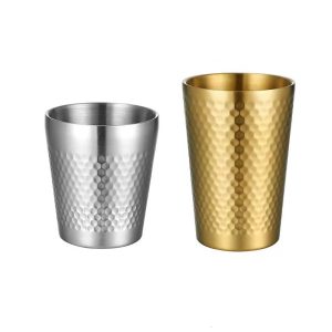 Double Layer Diamond Cup ,Stainless Steel 304 Beer Cup Golden,175mL，260mL,300mL,350mL,450mL, Metal Drinking Glasses  for  Restaurant