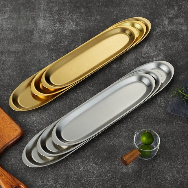 Stainless Steel 201 Elliptical Multipurpose Plate Narrow  Golden,Sushi Plate,Barbecue Plate For Restaurant - Image 3