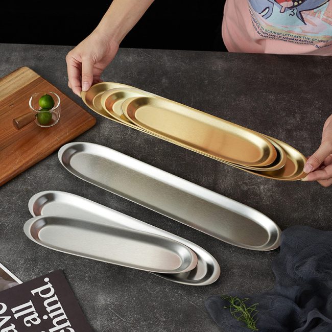 Stainless Steel 201 Elliptical Multipurpose Plate Narrow  Golden,Sushi Plate,Barbecue Plate For Restaurant - Image 4