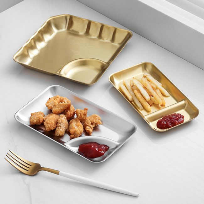 Stainless Steel 201 Straight Grid Snack Plate 7 Inches,French Fry Plate Golden,Tableware For Restaurant - Image 5