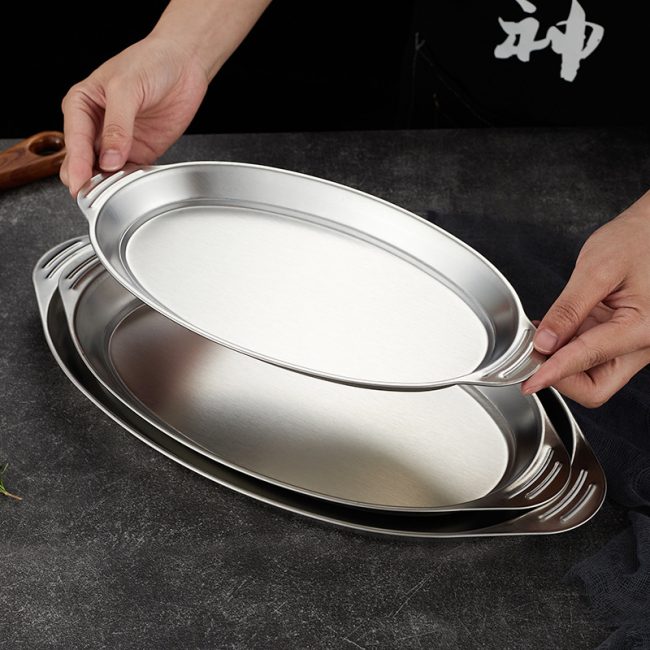 Stainless Steel 304 Grilled Fish Egg Plate,Double Ear Oval Dumpling Plate,Steamed Fish Plate,Tableware For Restaurant - Image 3