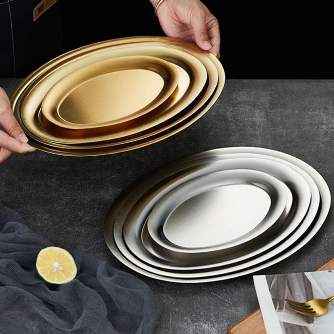Stainless Steel 201 Korean Style Elliptical Plate Golden,Steamed Fish Plate,Tableware For Restaurant - Image 8
