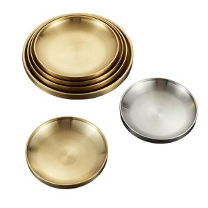 Stainless Steel 304 Double Layer Barbecue Plate Golden,Self Service Plate,Round Dessert Plate,Tableware For Restaurant