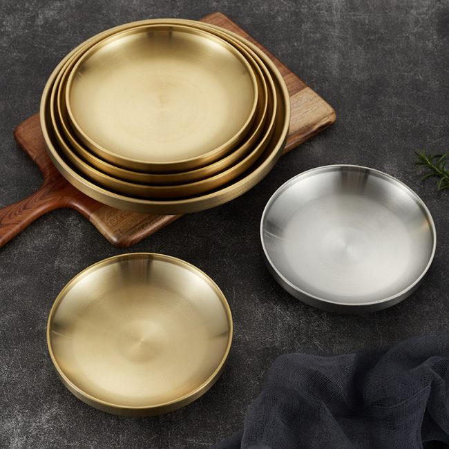 Stainless Steel 304 Double Layer Barbecue Plate Golden,Self Service Plate,Round Dessert Plate,Tableware For Restaurant - 图片 2