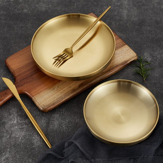 Stainless Steel 304 Double Layer Barbecue Plate Golden,Self Service Plate,Round Dessert Plate,Tableware For Restaurant - 图片 3