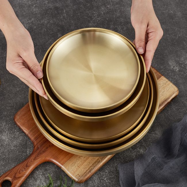 Stainless Steel 304 Double Layer Barbecue Plate Golden,Self Service Plate,Round Dessert Plate,Tableware For Restaurant - 图片 5
