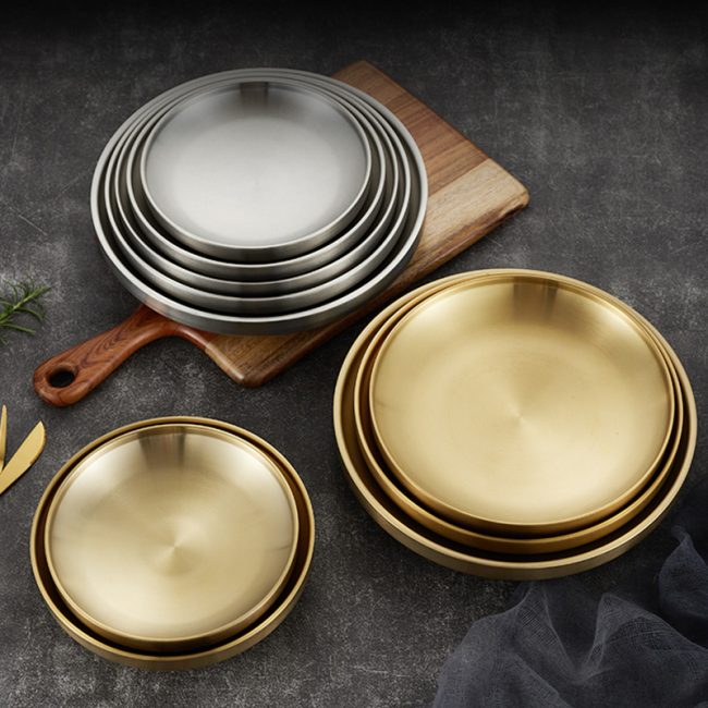Stainless Steel 304 Double Layer Barbecue Plate Golden,Self Service Plate,Round Dessert Plate,Tableware For Restaurant - 图片 6