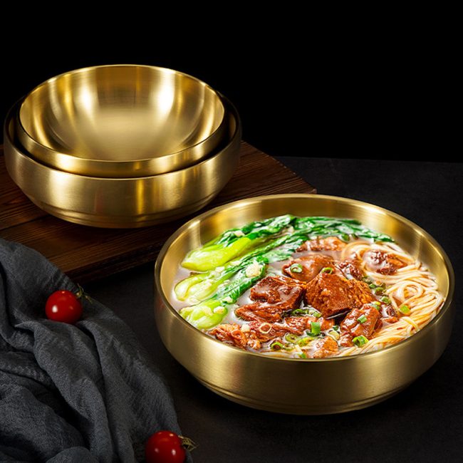 Stainless Steel 201 Double Layer Cold Noodle Bowl Golden,Instant Noodle Bowl,Soup Bowl,Tableware For Restaurant - 图片 3