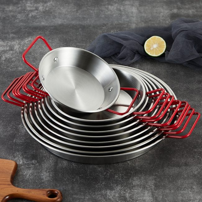 Stainless Steel Double Ear Seafood Plate Red Handle,Fried Chicken Plate,Flat Bottomed Dry Pan,Wholesale Tableware For Restaurant - 图片 6
