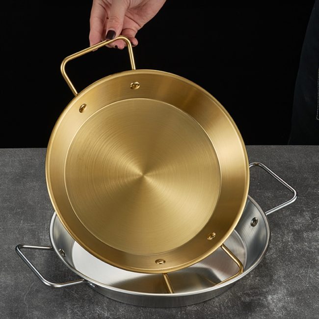 Stainless Steel Double Ear Seafood Plate Golden,Fried Chicken Plate,Flat Bottomed Dry Wok,Wholesale Tableware For Restaurant - 图片 6