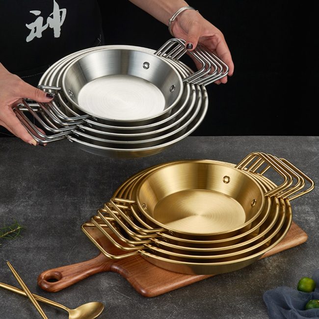Stainless Steel Double Ear Seafood Plate Golden,Fried Chicken Plate,Flat Bottomed Dry Wok,Wholesale Tableware For Restaurant - 图片 7