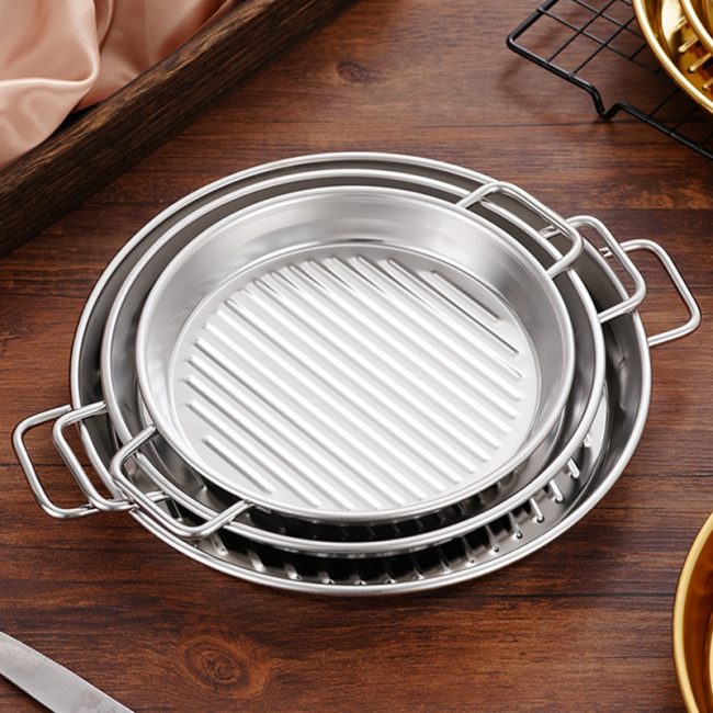 Stainless Steel 201 Double Ear Striped Plate, Barbecue Plate,Snack Plate,Steak Plate,Tableware For Restaurant - 图片 2